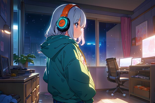 音楽を聴くヘッドフォンをかけたロフィアニメの女の子