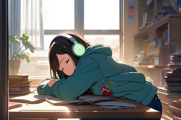 Lofi Anime Girl With Headphones Listening To Music