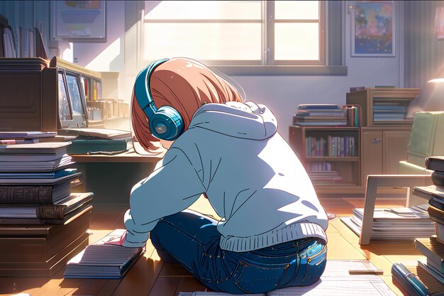 写真 音楽を聴くヘッドフォンをかけたロフィアニメの女の子