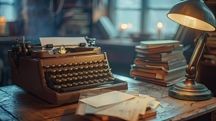 Photo lofi background showcasing a vintage typewriter on a desk with blurred paper stacks