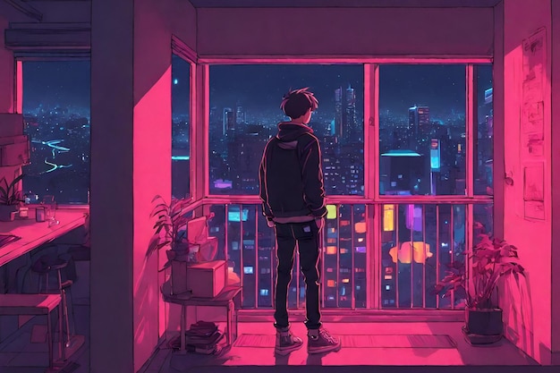 lofi boy full body standing at balcony looking at city night lights bedroom with neon accents 76