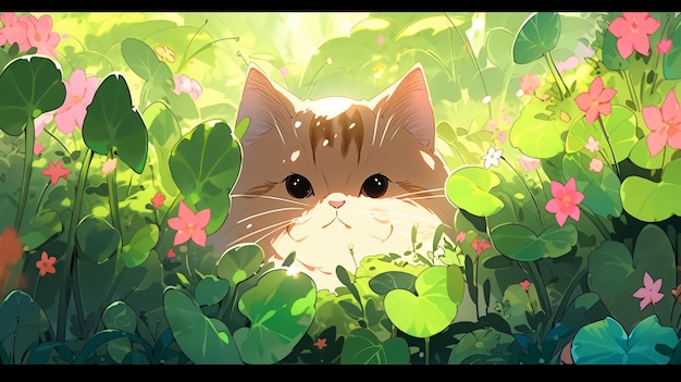 Lofi cat in nature garden anime style illustration background wallpaper design art Generative AI