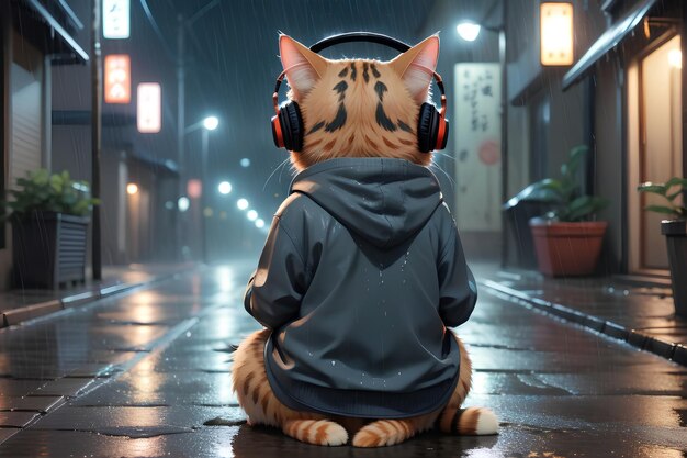 雨天にヘッドフォンで音楽を聴くロフィ・キャット