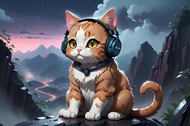 Кошка Лофи слушает музыку в дождливую погоду на наушниках