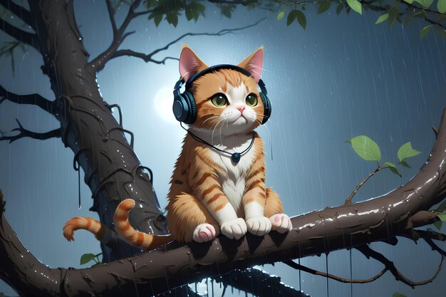 写真 雨天にヘッドフォンで音楽を聴くロフィ・キャット