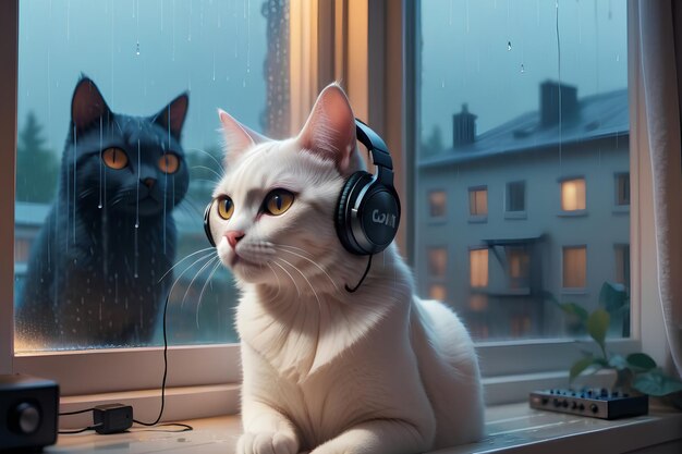 Фото Кошка лофи слушает музыку в дождливую погоду на наушниках