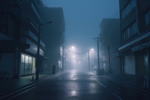 Lofi city street with mysterious fog rolling in giving the scene an eerie and otherworldly vibe