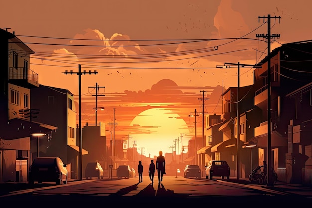 Lofi city street with view of the sunset and silhouettes of people walking in the distance created with generative ai