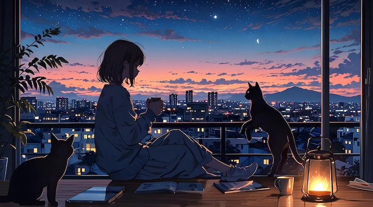 Foto lofi couple jongen en meisje kamer anime manga stijl genieten van de liefde regen maan passie naadloos