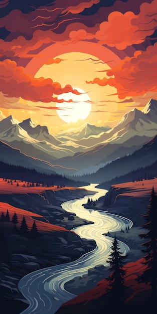 Lofi Design Яркий ландшафт Йеллоустонского национального парка в 2D-игре