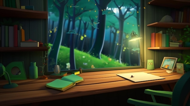 Lofi empty interior Messy desk window view 3D cartoon illustrator