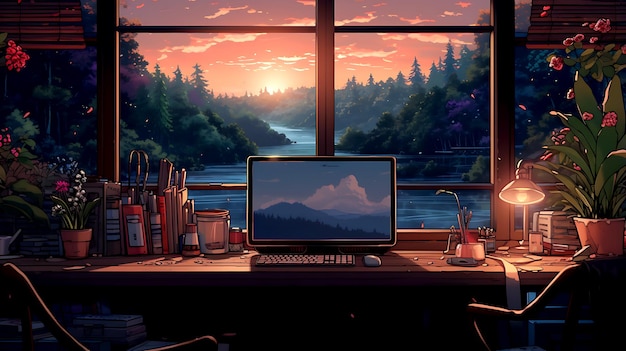 Lofi empty interior Messy desk window view of a forest jungle Anime manga style Colorful study lofi desk Cozy chill vibe Hiphop atmoshperic lighs Stars 4k wallpaper