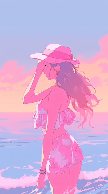 LOFI ビーチでビキニの女の子アニメ マンガ スタイル イラスト デザインの背景生成 AI