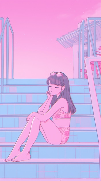 LOFI Girl in bikini on a beach anime manga style illustration design background Generative AI