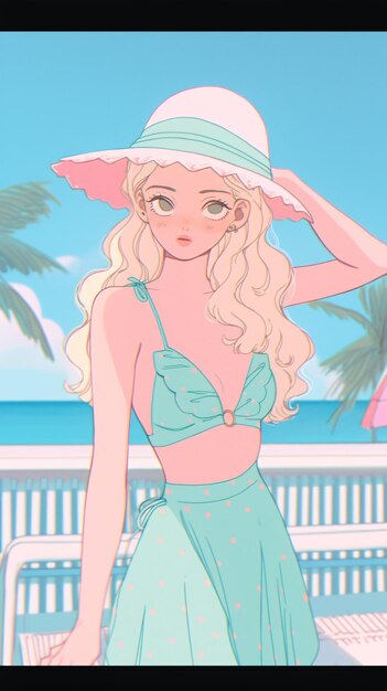 LOFI Girl in bikini on a beach anime manga style illustration design background Generative AI