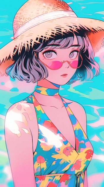 LOFI Girl in bikini on a beach anime manga style illustration design background Generative AI