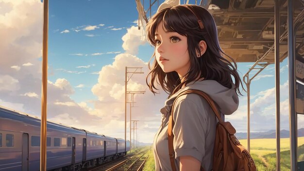 LoFi Girl a girl with a bag on her shoulder is looking at a train