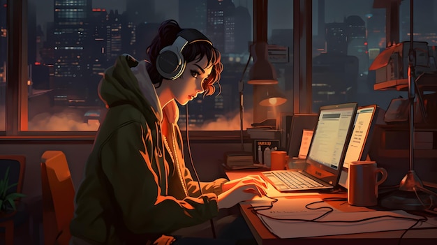 Lofi girl in study mode wearing headphones and immersed in learning