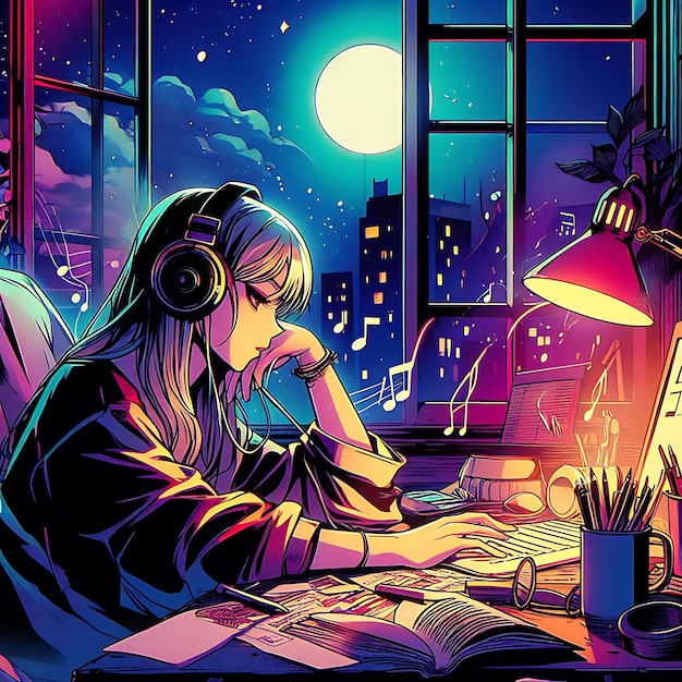 Photo lofi girl studying at her desk