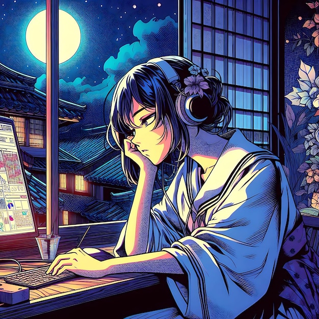 Foto lofi ragazza che studia alla sua scrivania