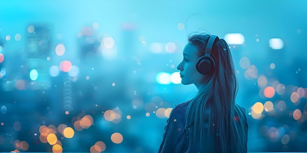 Photo lofi girl watching city lights with headphones in dreamlike state hip hop music concept lofi music city lights dreamlike state hip hop headphones