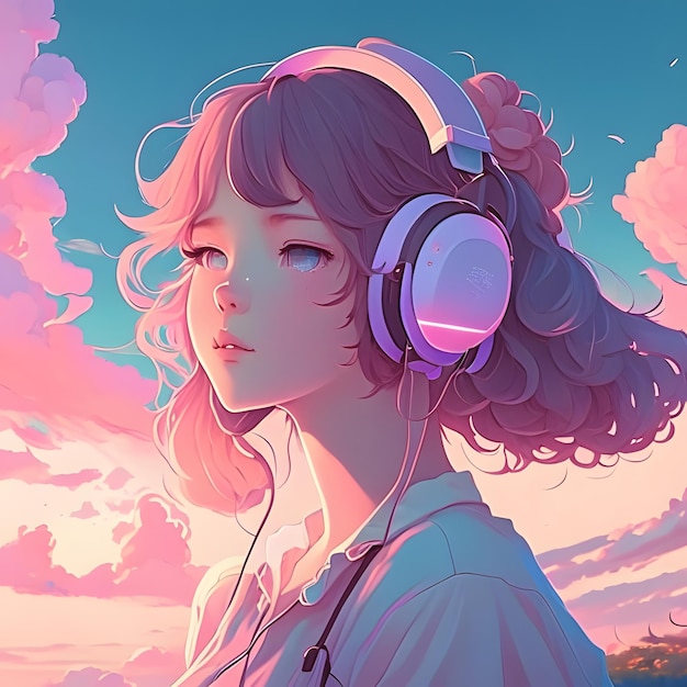 lofi girl with headphone aesthetic illustration