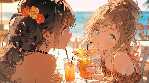 Lofi Girls in a bikini on a beach bar anime background design wallpaper in nature Generative AI