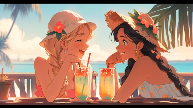 Lofi Girls cocktail drinken op een strandbar anime illustratie achtergrondontwerp Generatieve AI