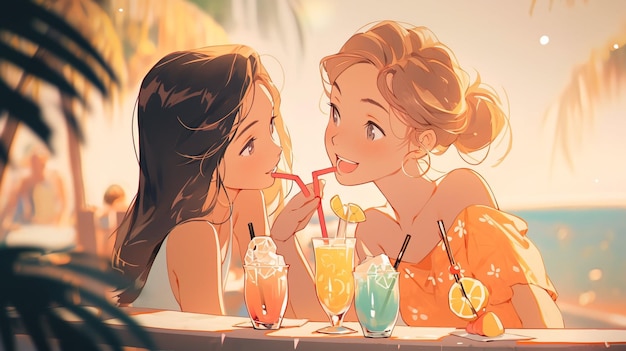 Lofi Girls cocktail drinken op een strandbar anime illustratie achtergrondontwerp Generatieve AI