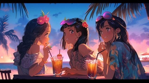 Lofi Girls drinking cocktail on a beach bar anime illustration background design Generative AI