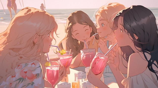 Lofi Girls drinking cocktail on a beach bar anime illustration background design Generative AI