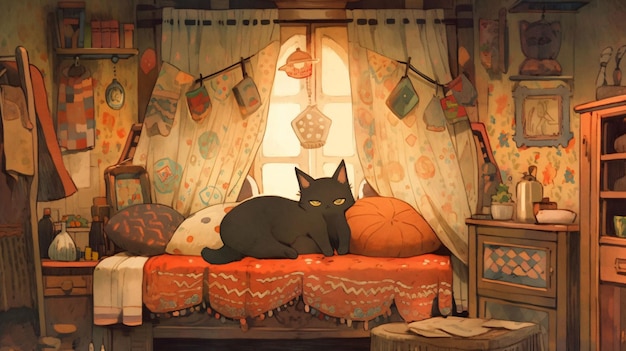 Lofi-kat in de anime-stijl van de aardtuin illustratie achtergrondbehang ontwerpkunst Generatieve AI