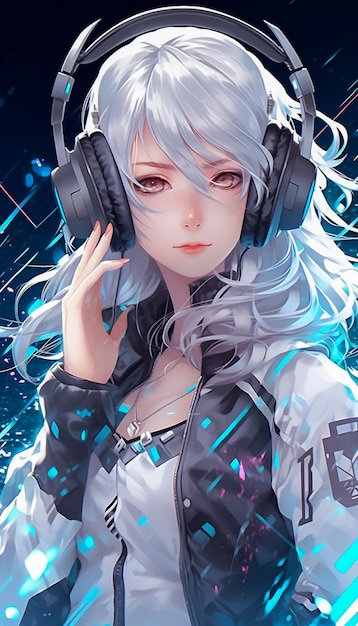 Lofi kawaii girl white hair and headphone beautiful Cute style anime Ai Generated