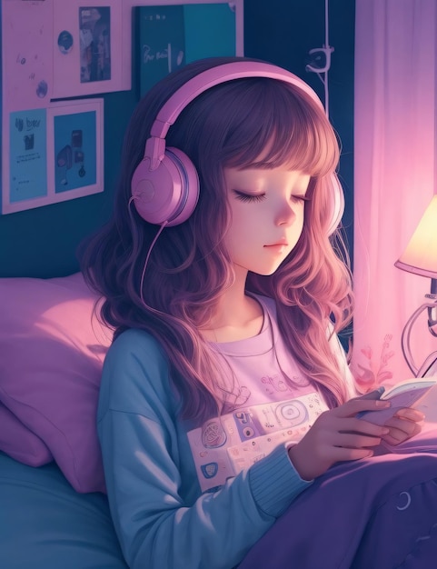 Lofi music beautiful anime girl listen to music