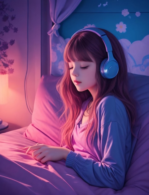 Lofi music beautiful anime girl listen to music