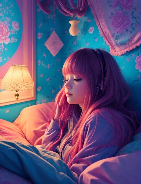 lofi music beautiful girl listening to music and sleeping bed wallpaper Generative AI