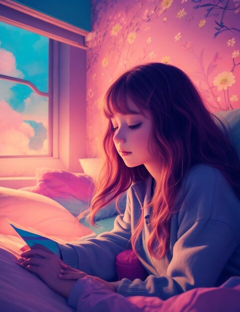 lofi music beautiful girl listening to music and sleeping bed wallpaper Generative AI