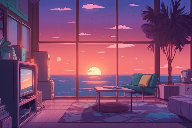 Lofi 音楽のチルな雰囲気の夕日の背景の壁紙