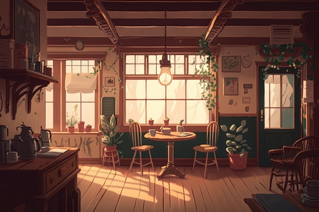 A lofi room with a table and chairs and a wall with plants on it