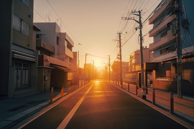 Lofi-stadsstraat bij zonsopgang met de opkomende zon boven de horizon