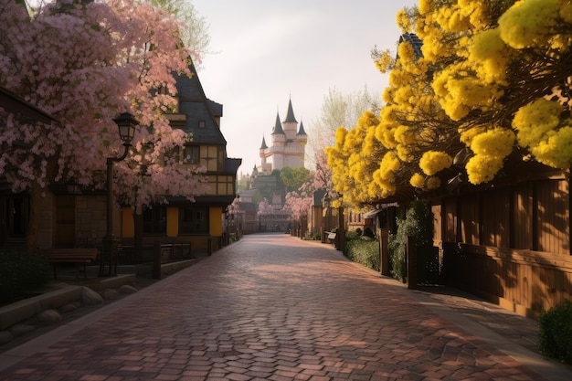 Lofi street with yellow brick road and flowering trees leading to castle in the distance