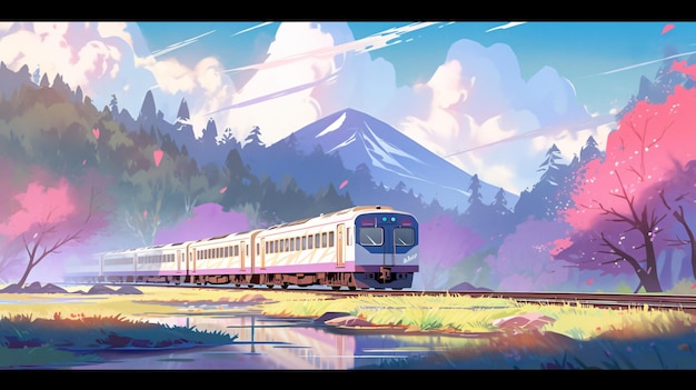 Lofi Train in de natuur anime manga stijl illustratie ontwerp behang achtergrond kunst Generatieve AI