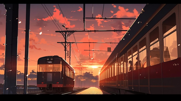 Lofi Train in de natuur anime manga stijl illustratie ontwerp behang achtergrond kunst Generatieve AI