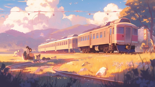 Lofi Train in nature anime manga style illustration design wallpaper background art Generative AI