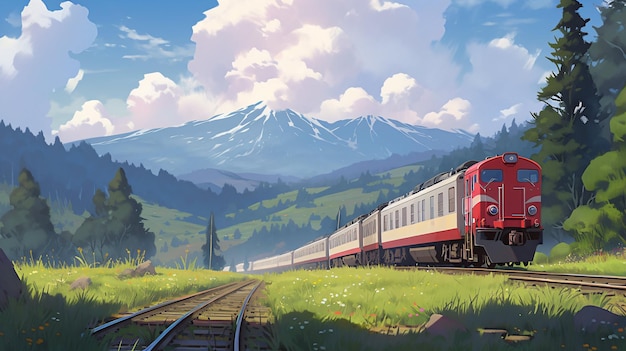 Lofi Train in nature 애니메이션 만화 스타일 일러스트레이션 디자인 벽지 배경 미술 Generative AI