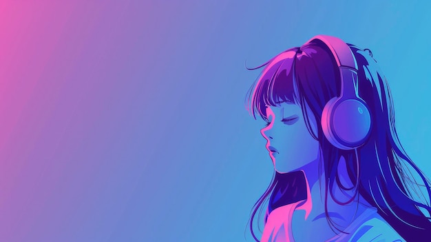 Lofi Vibes AnimeStyle Girl in Big Headphones Surrounded by Blue Purple and Pink Tones with Copy Space for a Chill Atmosphere