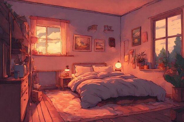 Photo lofi warm bedroom on a cloudy evening