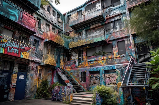 Лофик-стрит с красочными фресками и граффити, созданными с помощью генеративного искусственного интеллекта