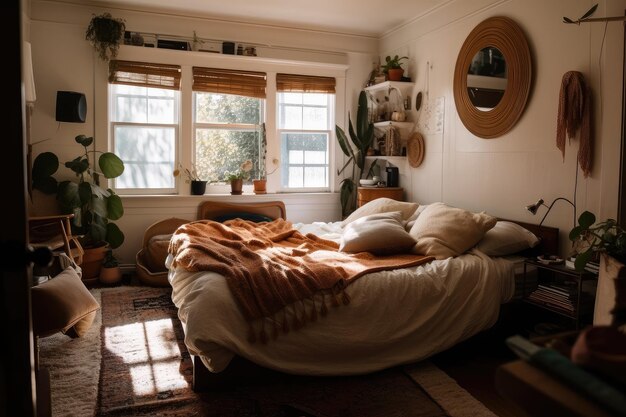 Photo lofie bedroom with cozy bed and throw blanket created with generative ai