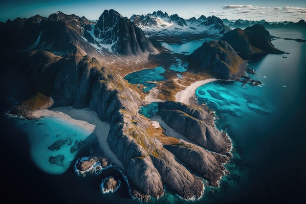Lofoten eilanden verbazingwekkend winterlandschap van bergen bedekt met sneeuw en ijs luchtfoto Blauw helder transparant Lofoten water